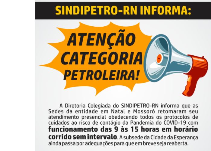 SINDIPETRO-RN : Sede Natal e subsede Mossoró retomam atendimento presencial SINDIPETRO-RN : Sede Natal e subsede Mossoró retomam atendimento presencial