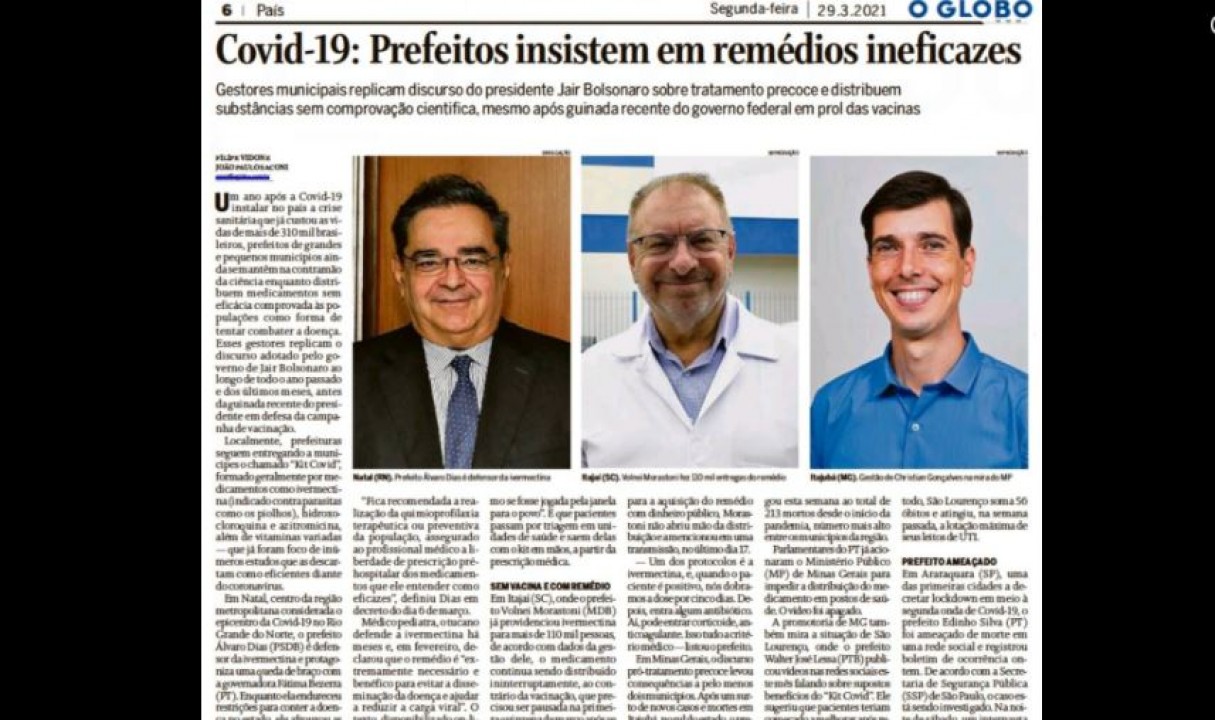 Álvaro ganha destaque negativo em jornal ´O Globo` por insistir em  Ivermectina