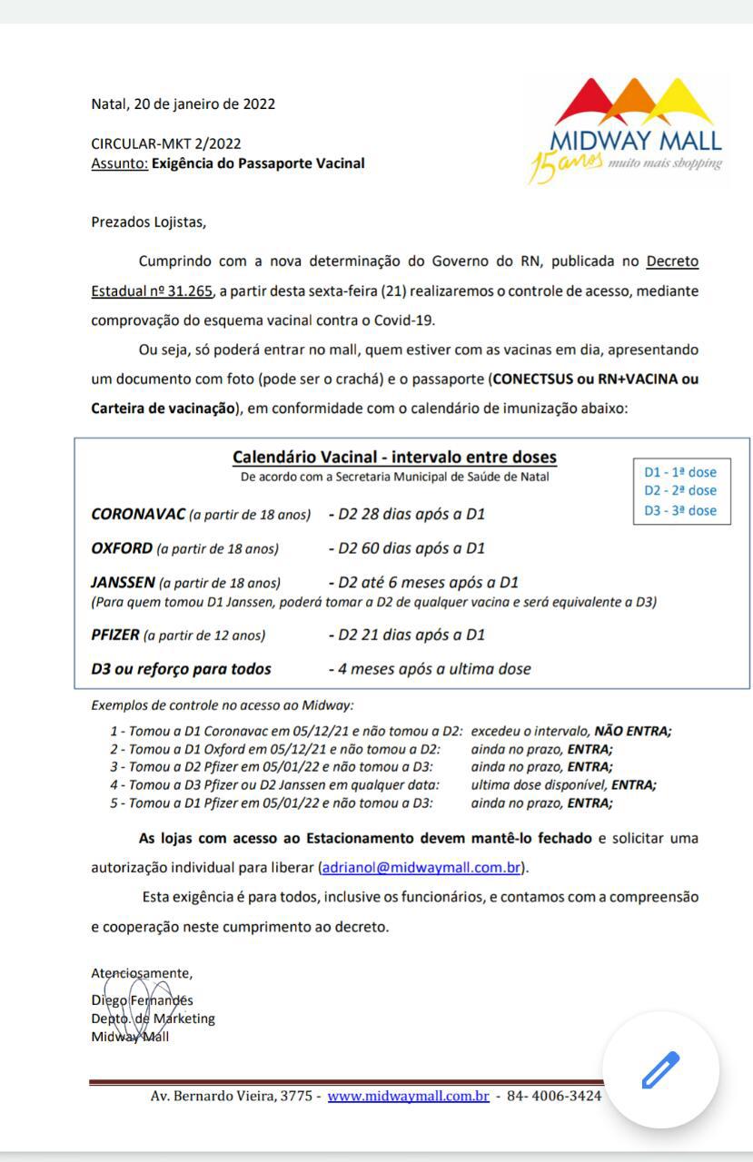 Shopping da grande Natal segue o decreto estadual e começa a exigir passaporte vacinal para entrada Shopping da grande Natal segue o decreto estadual e começa a exigir passaporte vacinal para entrada